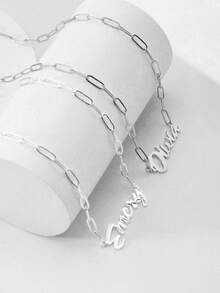 个性化姓名项链配回形针链，精致铭牌吊坠项链，女士姓名定制项圈不锈钢简约珠宝生日派对周年纪念礼物度假礼物 - 銀色 - 查看 8