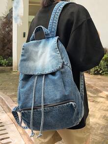 1 件轻质面料休闲简约风格大容量可折叠多口袋抽绳翻盖背包适合青少年、初中/高中生、大学生、毕业生、日常使用、通勤、购物、旅行、学生礼物 - 淺藍色 - 查看 5