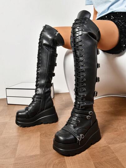 ROMWE Women Over The Knee Stretch Boots Chunky Block Platform Wedge Lace Up Thigh High Boots Biker Goth Punk High Heel Boots Black Boots For Woman
