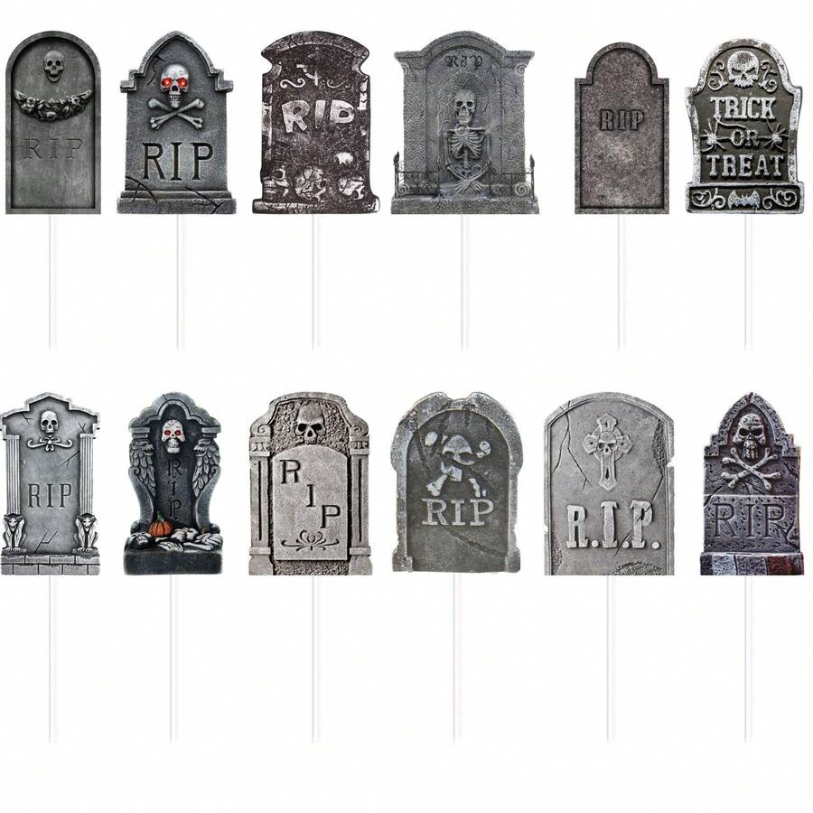 "Rest In Peace" Decorative Cake Cupcake Toppers, Halloween Tombstone Cake Mini Flags - White - View 1
