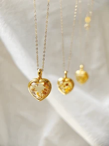 1 件天然波罗的海琥珀爱心皇后夹式吊坠项链 925 镀金银带爱心吊坠宝石精美珠宝礼物送给她感恩节圣诞节周年纪念日