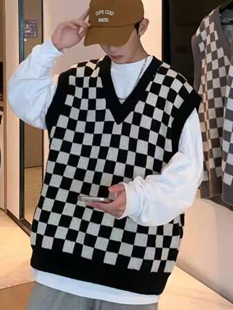 Men's Plus Size Checker Pattern Retro Loose Fit Sweater Vest, For Fall Winter