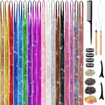 Hair Tinsel Kit (48 Inch,18 Colors), Tinsel Hair Extensions With Tools, Heat Resistant Fairy Hair Tinsel Kit For Women Hair Accessories
