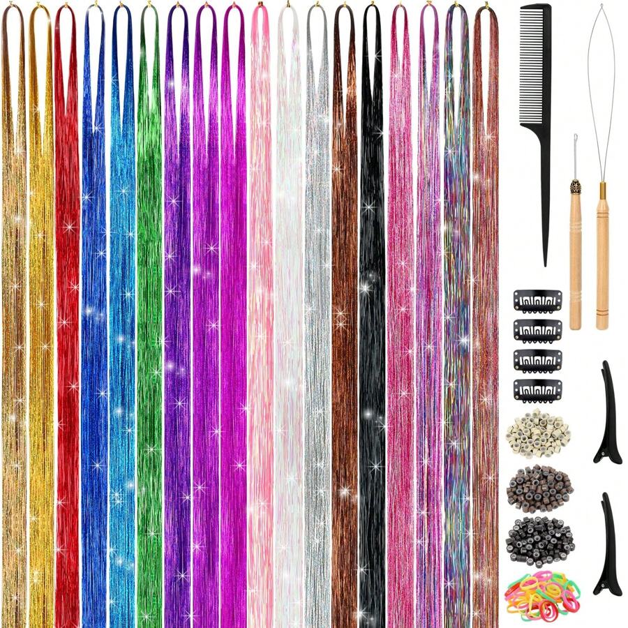 Bộ Dụng Cụ Dây Tinsel Tóc (48 Inch, 18 Màu), Dụng Cụ Nối Tóc Dây Tinsel Kèm Dụng Cụ, Bộ Dụng Cụ Dây Tinsel Chịu Nhiệt Cho Nữ Phụ Kiện Tóc - Nhiều màu - Xem 1