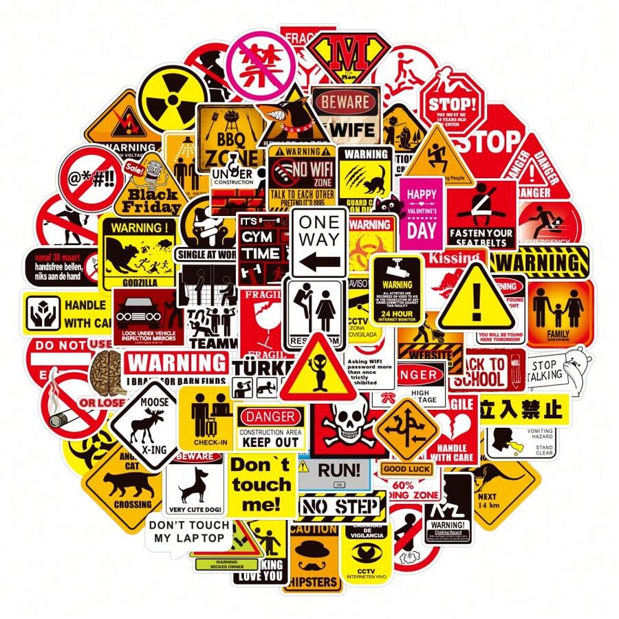 100pcs Warning Signs Stickers Danger Banning Signs Decals DIY Laptop