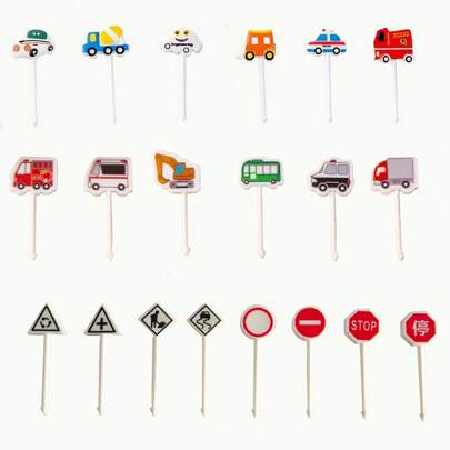 20pcs/40pcs Random Color Cartoon Vehicle & Food Decor Picks Set, Cute Bento Lunch Forks, Plastic Snack Dessert Forks, Fruit Picks, Lunch Box And Party Supplies