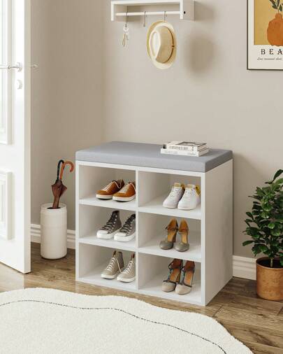 HEXCELEN Banco Zapatero con Asiento Banco con Espacio de Alenento Cojines 6 Compartimentos Estantes Ajustables para salón Pasillo Dormitorio 30 x 60 x 52,7 cm