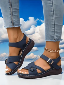 Nuevas sandalias de cuña para mujeres con estilo, cómodas sandalias de plataforma para mamá, sandalias casuales con punta abierta para mujeres - Azul Marino - Ver 3