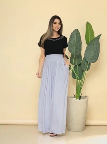 Loose Wide Leg Pantalona Pants Viscolycra Mesh Wide Waistband High Waist Pleats - White - View 3