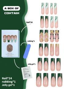Get Charm 24 Pieces Of Medium Rectangular Nails Green French Wearable Press One Nails Set Gold Cute Smart Three-Dimensional Butterfly Charm False Nails Rhinestones Pile Rhinestone Flashing Gem Nails Green Gradient Smudge Glitter False Nail Patches With A Free Piece Of Jelly Glue And A Nail Rub Full Coverage Wearable Nail Set Suitable For Party Dances And Daily Wear Nail Supplies Nails