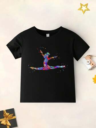 Kleine Mädchen Süßer Ballerina Muster Lässiges Rundhals T-Shirt für den Sommer