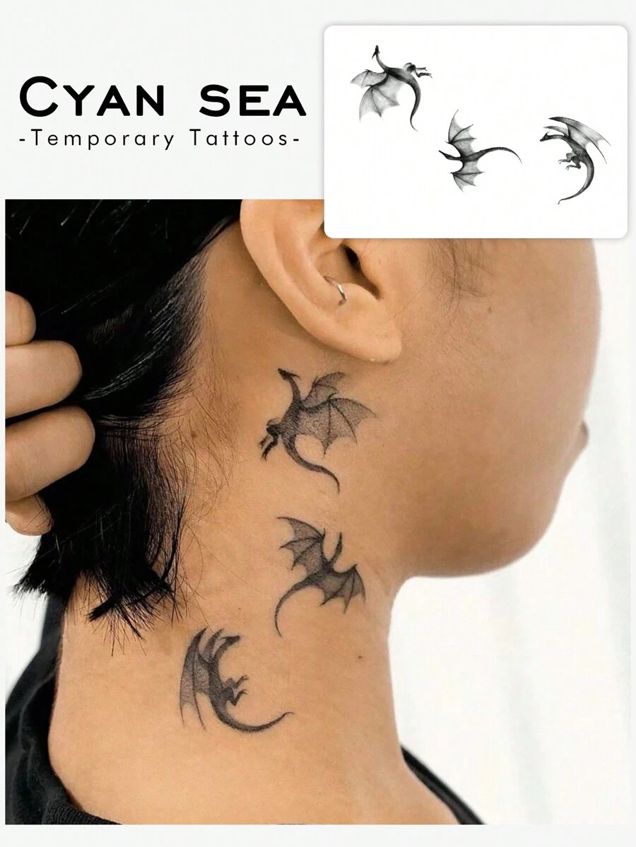 1pc Waterproof, Sweatproof, Washable, Non-Reflective Temporary Tattoo Sticker, Flying Dragon Group Pattern, Suitable For People's Daily Use - Black - View 1