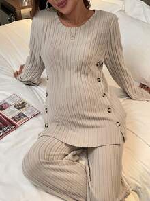 Maternity Button Detail Trumpet Sleeve Tee & Pants - Apricot - View 8