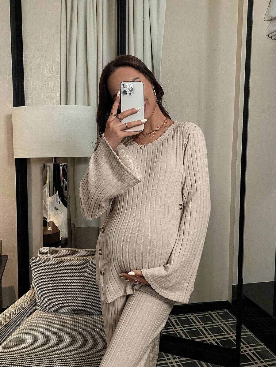 Maternity Button Detail Trumpet Sleeve Tee & Pants - Apricot - View 1