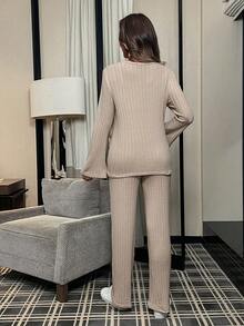 Maternity Button Detail Trumpet Sleeve Tee & Pants - Apricot - View 2