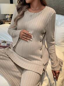 Maternity Button Detail Trumpet Sleeve Tee & Pants - Apricot - View 7