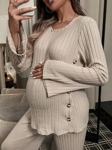 Maternity Button Detail Trumpet Sleeve Tee & Pants - Apricot - View 4