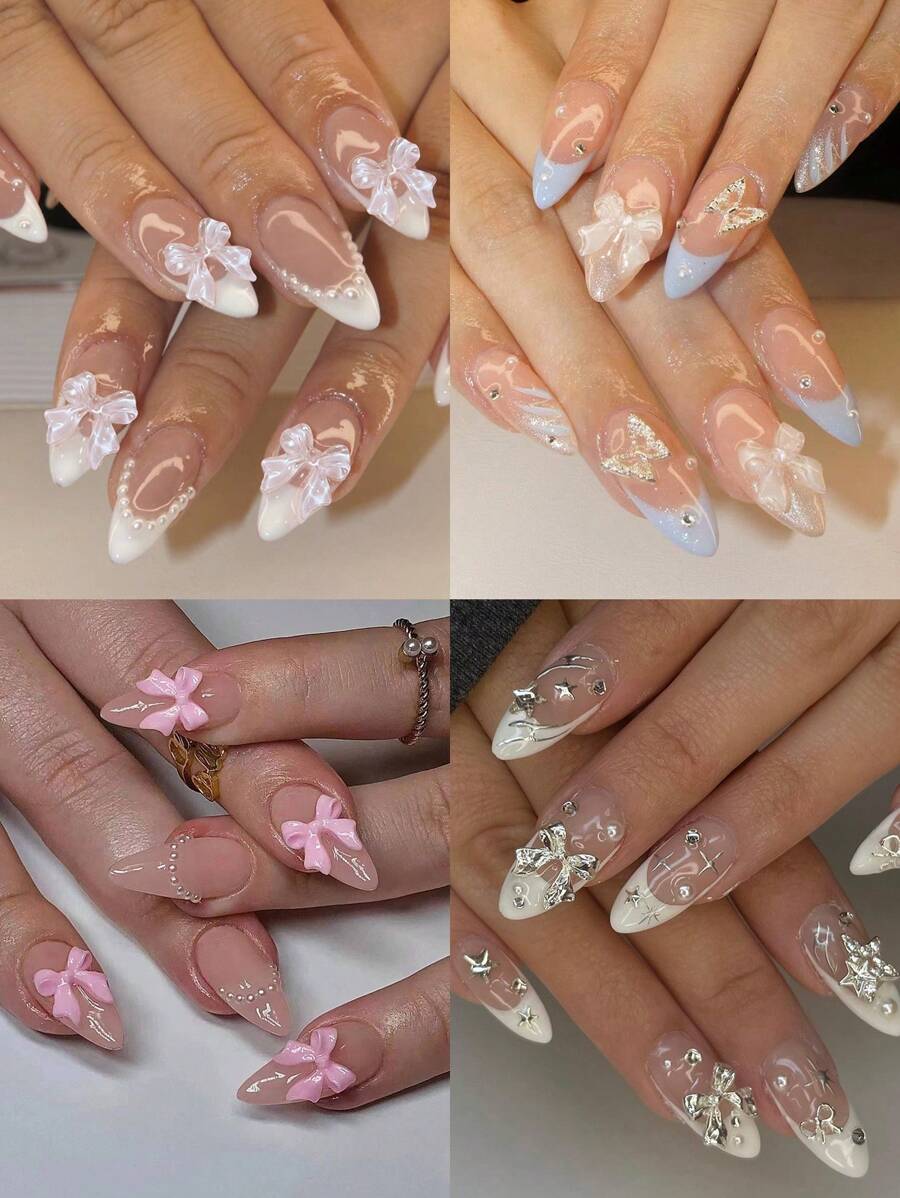 96 Stück (4 Stile) Mandel-Französisch-Spitzen-Aufklebe-Nägel, mittel, 3D-Schleifen mit Perlen perfekt passend, Acryl-Fake-Nägel-Set, enthält 4 Stück Gelee-Kleber und 4 Stück Nagelfeile, Sommer-Nägel für Frauen und Mädchen, zum täglichen Gebrauch, Studium und Partys, Nagelbedarf