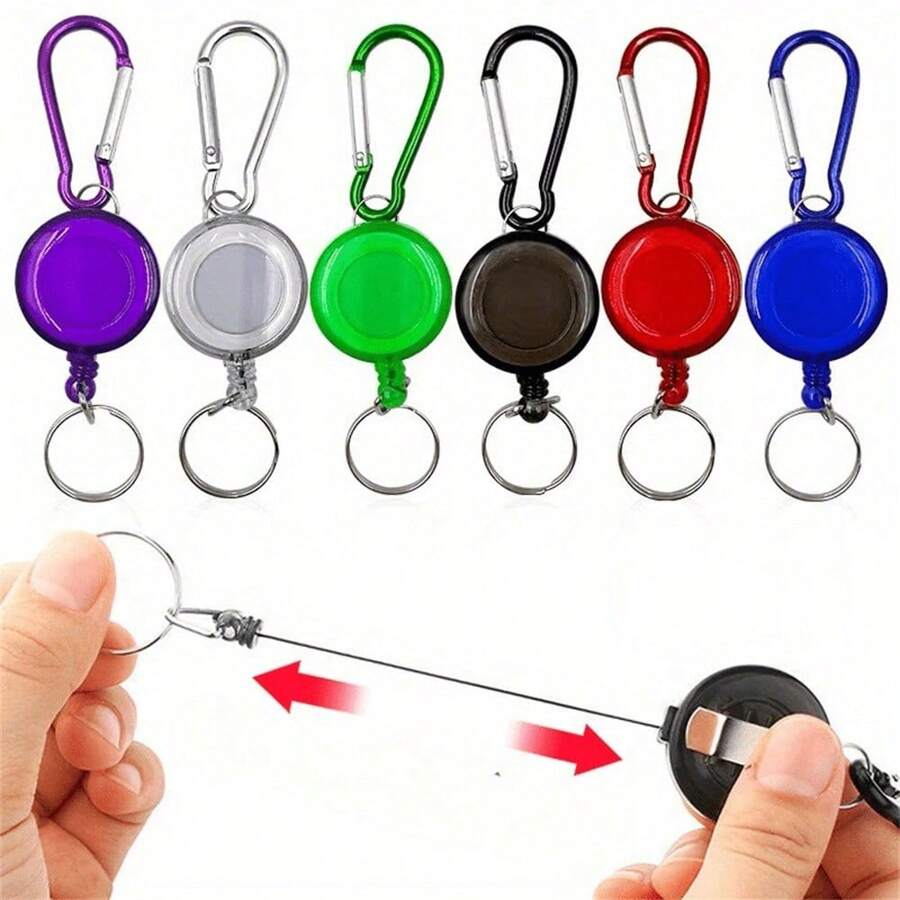 5pcs Retractable Steel Cord Pull Reel Keychains - Durable Spring Buckle Clasp With Wire Rope Design - Compact PC ID Card Holder With Recoil Function For Easy Storage - Multicolor - View 1