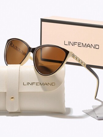  LINFEMAND Cat Eye Decor Fashion Brand, Crystal Engraved Design Fashion Glasses For Driving, Beach, Travel, Holiday Gift For Summer Beach Vacation,Outdoor,Travel