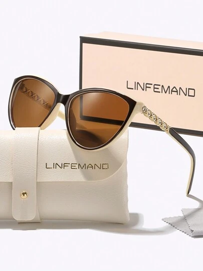  LINFEMAND Cat Eye Decor Fashion Brand, Crystal Engraved Design Fashion Glasses For Driving, Beach, Travel, Holiday Gift For Summer Beach Vacation,Outdoor,Travel