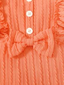 3pcs Baby Girl Bow Ruffle Trim Bodysuit, Pants And Headband Set, Fall/Spring - Coral Orange - View 6