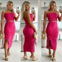 Band Top And Midi Skirt Set - Màu Hồng Tươi - Xem 2