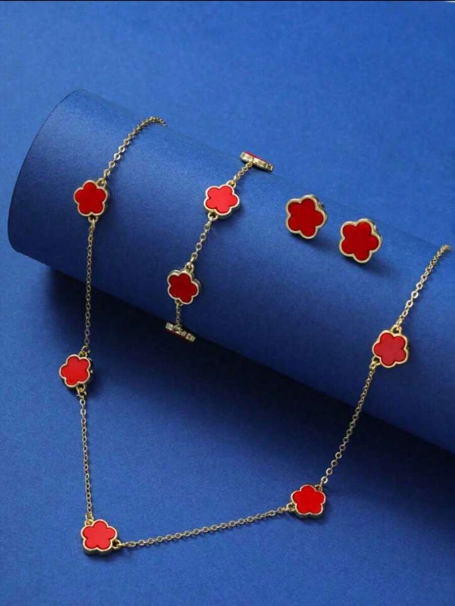 4pcs/Set Minimalist & Fashionable Five Petals Flower Copper Necklace, Earrings, Bracelet Set For Date And Birthday Gift Sister Gifts Women Gifts Jewelry Charms Prom Jewelry - Red - View 1