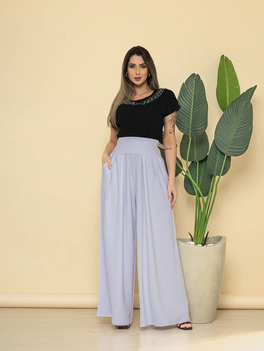 Loose Wide Leg Pantalona Pants Viscolycra Mesh Wide Waistband High Waist Pleats - White - View 1