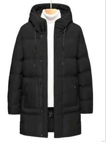 1pc Men's Hooded Mid-Length Cotton Padded Jacket, Drawstring Waist, Casual Thick Outerwear For Winter,Fleece