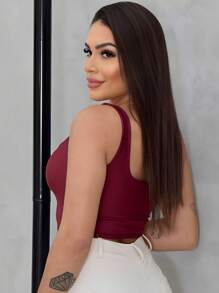 Cropped Top Lined Thick Straps Suplex Tank Top - 酒紅色 - 查看 2