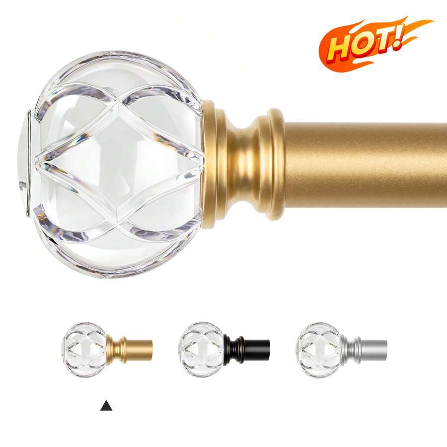 1 Inch Long Curtain Rods, Telescoping Curtain Rod For Windows, Decorative Drapery Rod With Crystal Netted Texture Ends, Black/Gold/Sliver