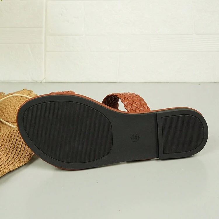 レディース ウーブンストラップサンダル、スエード底 シンプルで快適、室内、カジュアル、ビーチに適 - ブラウン - 見る 8