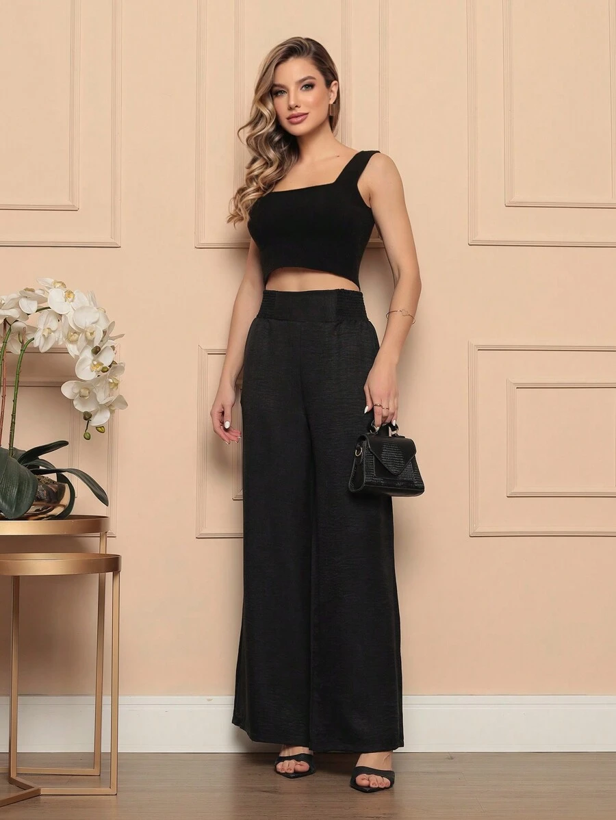 Women's Wide Leg Pants Elastic/Elegant/Crep Fabric/High Waist/Bell Bottoms/With Pockets On The Sides/Premiun/Wide Leg/Chic/Very Good For Body Modification/ Summer Winter/Christmas Collection / Casual / Stylish / Women's / Christmas Look / Lightweight/ Comfortable/ 2024 Collection/Build Your Look With Us, A Look For Every Modern Woman New Collection - 黑色 - 查看 1
