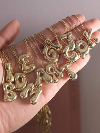 Stainless Steel Copper Chunky Alphabet Balloon Bubble Initial Letter Pendant Necklace For Women Jewelry