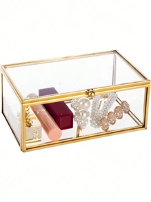 1PC Glass Jewellery Box Clear Trinket Box Vanity Rings Earrings Box Organizer Display Case Decorative Keepsake Box With Lid For Home Wedding Birthday Gift (Gold)-(Chain Style Is Random) Back To School
