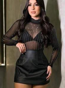 Bory Tulle Set With High Beaded Collar And Leather Skirt - 黑色 - 查看 2