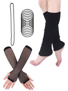 D EXCEED 2/4 件女式 80 年代复古服装配饰套装，包括霓虹手镯、串珠亚克力项链、渔网手套和暖腿套，适合 80 年代主题派对、夜总会活动、万圣节、情人节、狂欢节、复活节 - 多色 - 查看 18