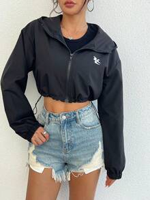 1pc Fashionable Casual Girl Hooded Zip-Up Embroidered Short Jacket - Black - View 4