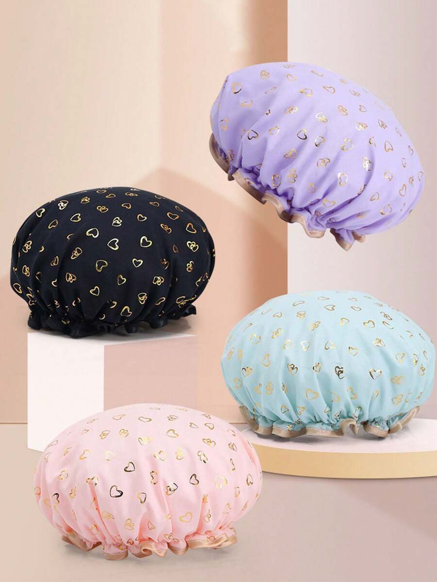 1pc Elastic Waterproof Shower Cap, Double Layer With Foil Print, Reusable Bathing/Cooking/Facial Mask Cap (Not For Sleeping) - Multicolor - View 1
