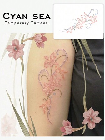 1 st vattentät och svetttålig tillfällig tatueringsklistermärke, rosa blommor blommar elegant för en trendig och exklusiv tatueringsdesign utan reflexer, lämplig för modeledare, tvättbar