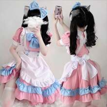 Disfraz Cosplay Anime Traje Maid Lolita Disfraz Mujer 5pcs Vestido Lolita Rosa Y Azul Súper Lindo - Rosa - Ver 6