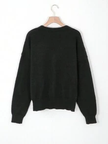 Women's Fashionable V-Neck Button-Up Cardigan Sweater, Casual Long Sleeve, Minimalist Style, Suitable For Outerwear, Relaxed & Rustic Vibe, Autumn/Winter - Black - View 2