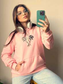 Women's Unisex Kangaroo Sweatshirt Flannel Hooded Coat Floral Cotton Blouse Printed Flowers 7002 - 淺粉色 - 查看 1