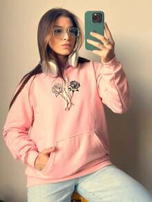 Women's Unisex Kangaroo Sweatshirt Flannel Hooded Coat Floral Cotton Blouse Printed Flowers 7002 - 淺粉色 - 查看 3