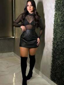 Bory Tulle Set With High Beaded Collar And Leather Skirt - 黑色 - 查看 1