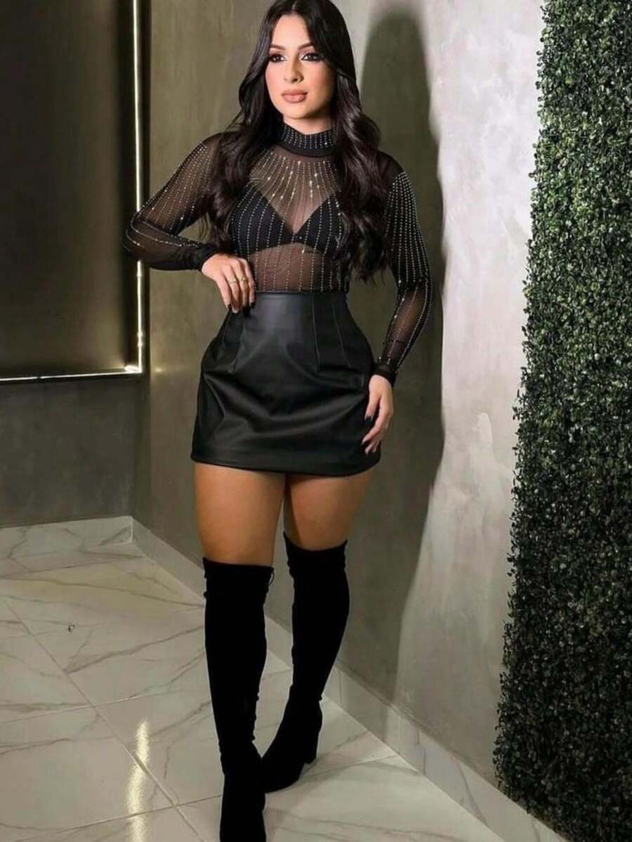 Bory Tulle Set With High Beaded Collar And Leather Skirt - 黑色 - 查看 1