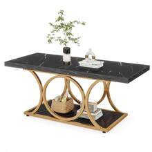 Tribesigns Modern Rectangle Coffee Table, 47.24-Inch 2-Tier Faux Marble Wood Table With Geometric Legs, Living Room Furniture With Storage Shelf