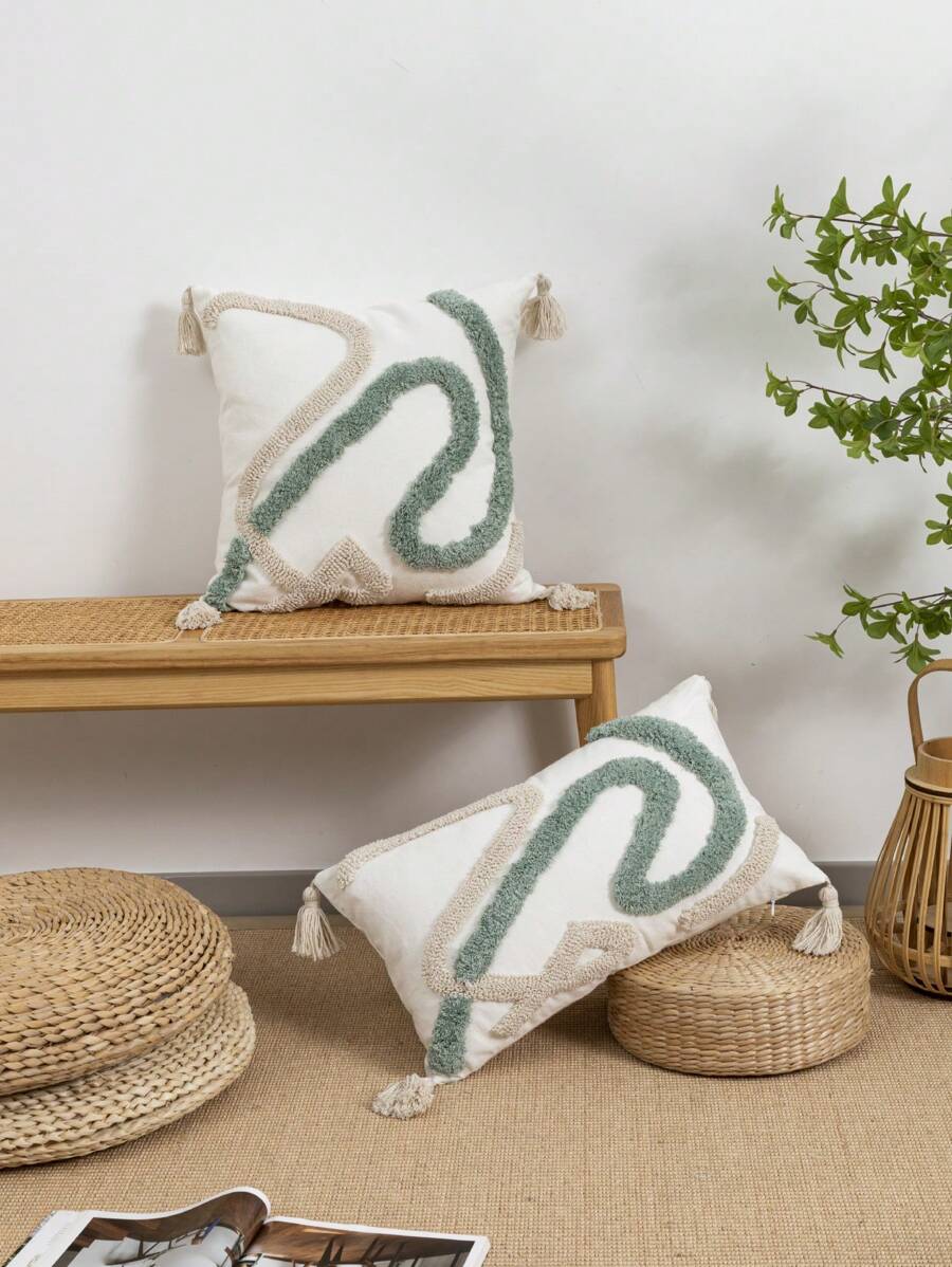 1pc/2pcs Geometric Line Pattern Plush Embroidered Decorative Pillow Cover, Cotton Twill Fabric, Nordic Style With Tassels, Suitable For Room, Living Room Sofa, Waist Cushion, Holiday, Birthday, Party, All Seasons, Without Filler, 30*50cm, 45*45cm