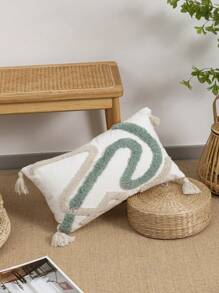 1pc/2pcs Geometric Line Pattern Plush Embroidered Decorative Pillow Cover, Cotton Twill Fabric, Nordic Style With Tassels, Suitable For Room, Living Room Sofa, Waist Cushion, Holiday, Birthday, Party, All Seasons, Without Filler, 30*50cm, 45*45cm